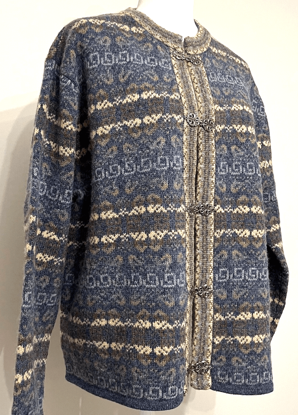 Newton Trading Cardigan Sweater Vintage Nordic Wool Blue Hook Eye A Size L - Thumbnail 2
