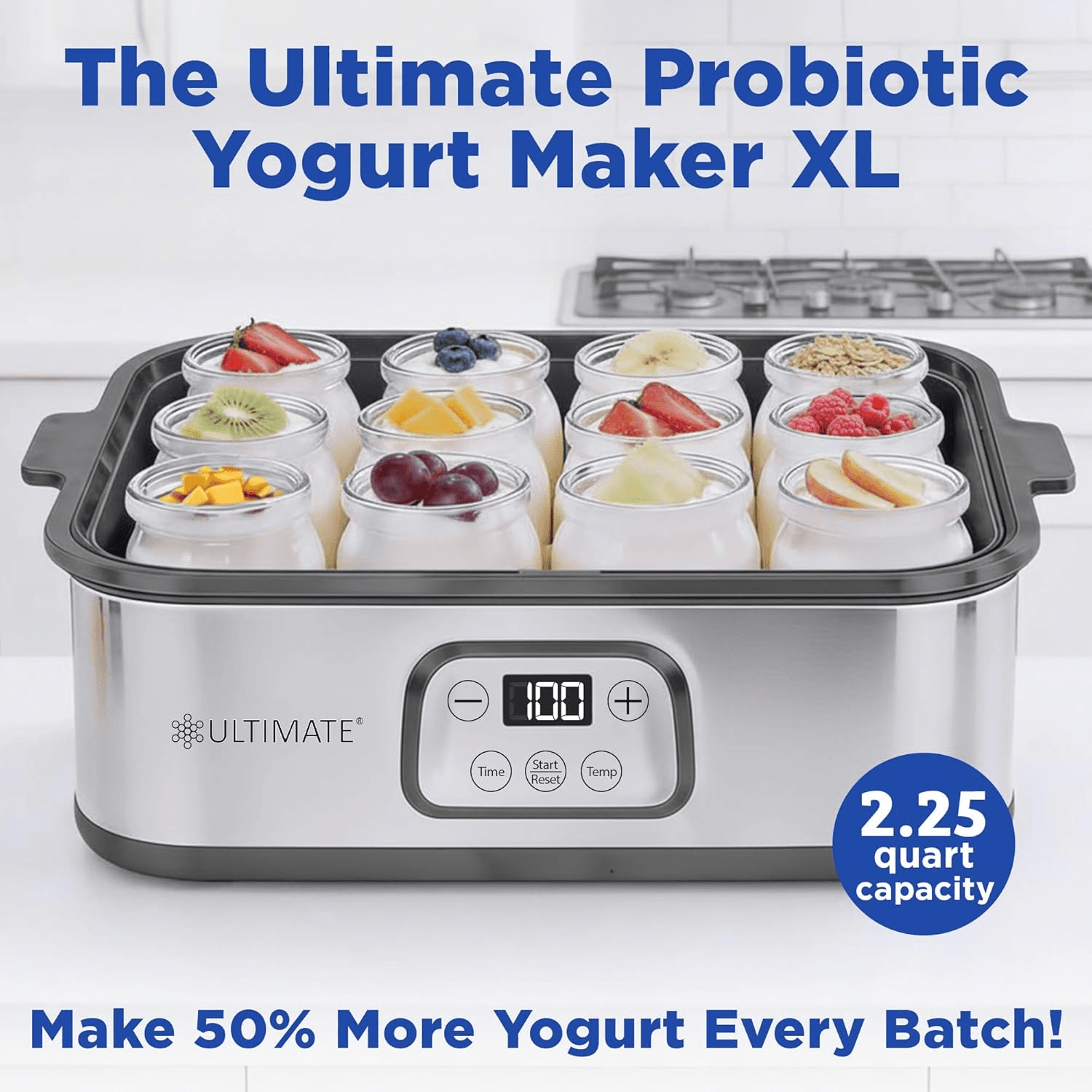 Ultimate Probiotic Yogurt Maker XL Adjustable Temperature & Time 12 Glass Jars - Thumbnail 2