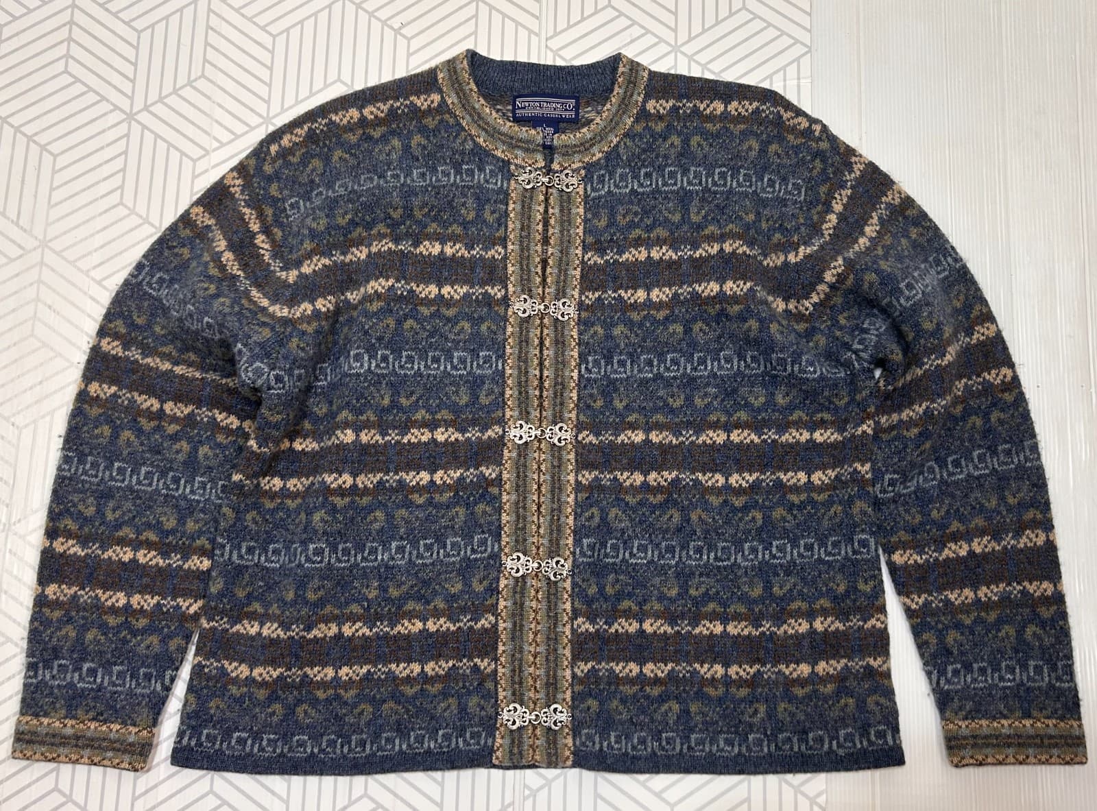Newton Trading Cardigan Sweater Vintage Nordic Wool Blue Hook Eye A Size L - Thumbnail 3