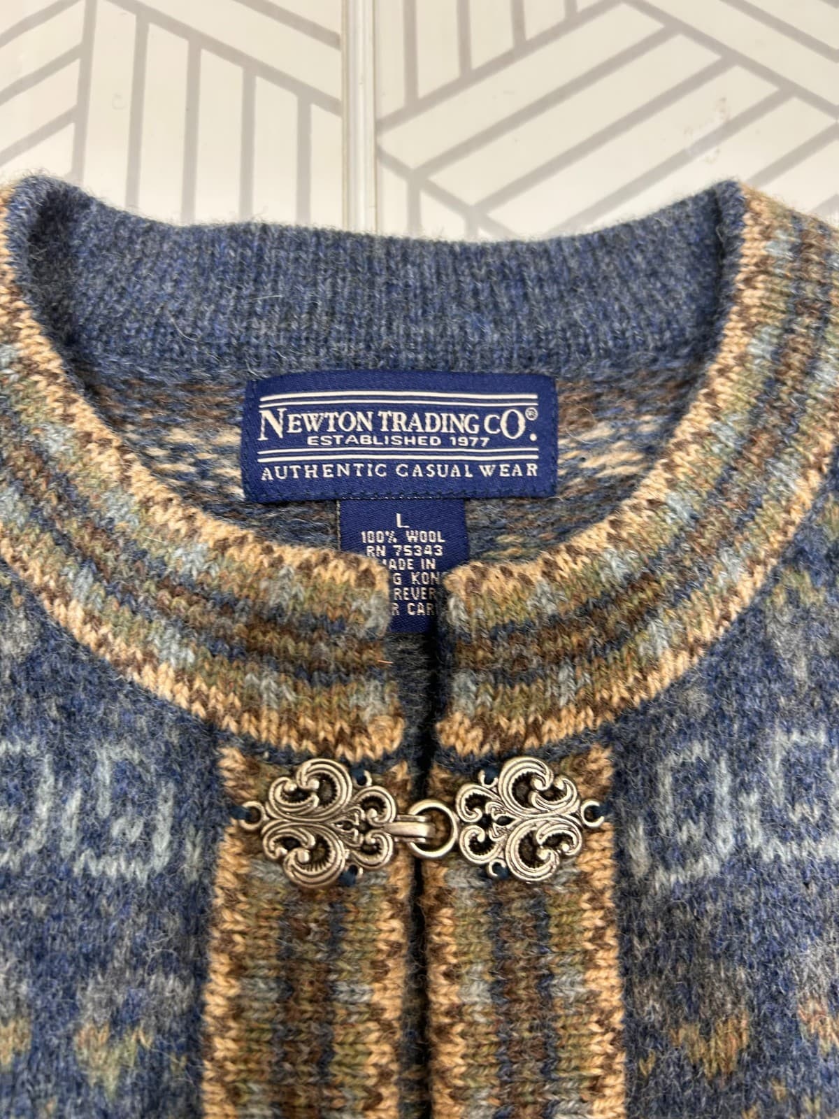 Newton Trading Cardigan Sweater Vintage Nordic Wool Blue Hook Eye A Size L - Thumbnail 12