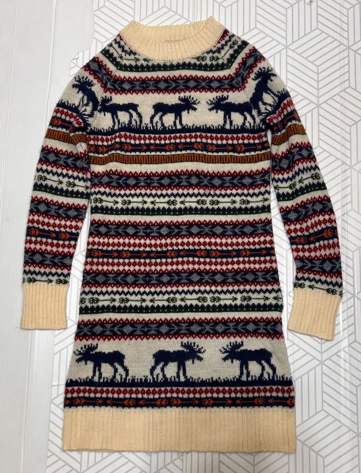 Kiel James Patrick Cozy Cabin Size XS Fair Isle Moose Sweater Dress Wool Blend z - Thumbnail 3