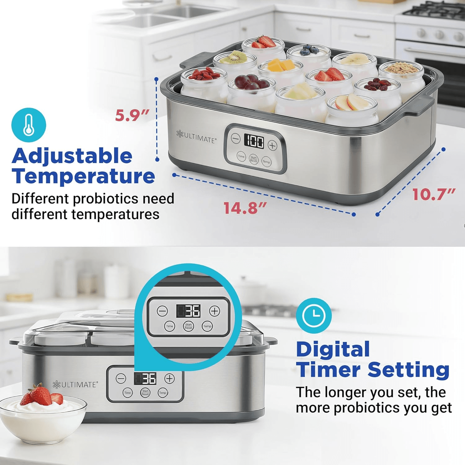Ultimate Probiotic Yogurt Maker XL Adjustable Temperature & Time 12 Glass Jars - Thumbnail 3