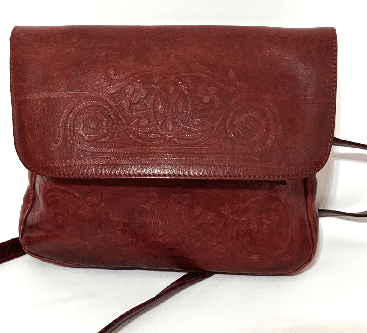 Vintage J.Crew Maroon Tooled Leather Embossed Floral Western Hand Bag Crossbody - Thumbnail 3