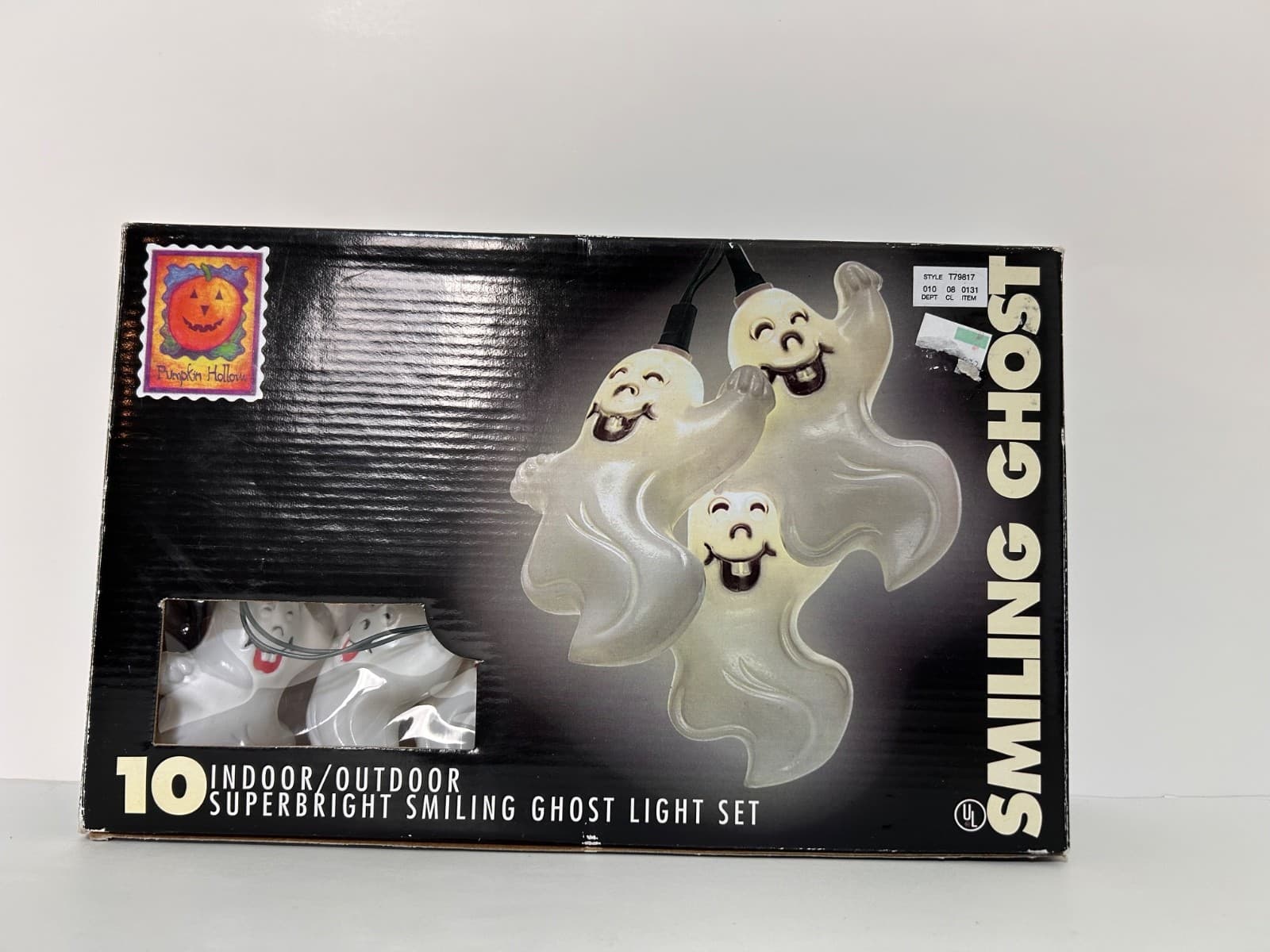 New Vintage Halloween 10 Ghost Hard Plastic Blow Mold String Lights Smiling - Thumbnail 5