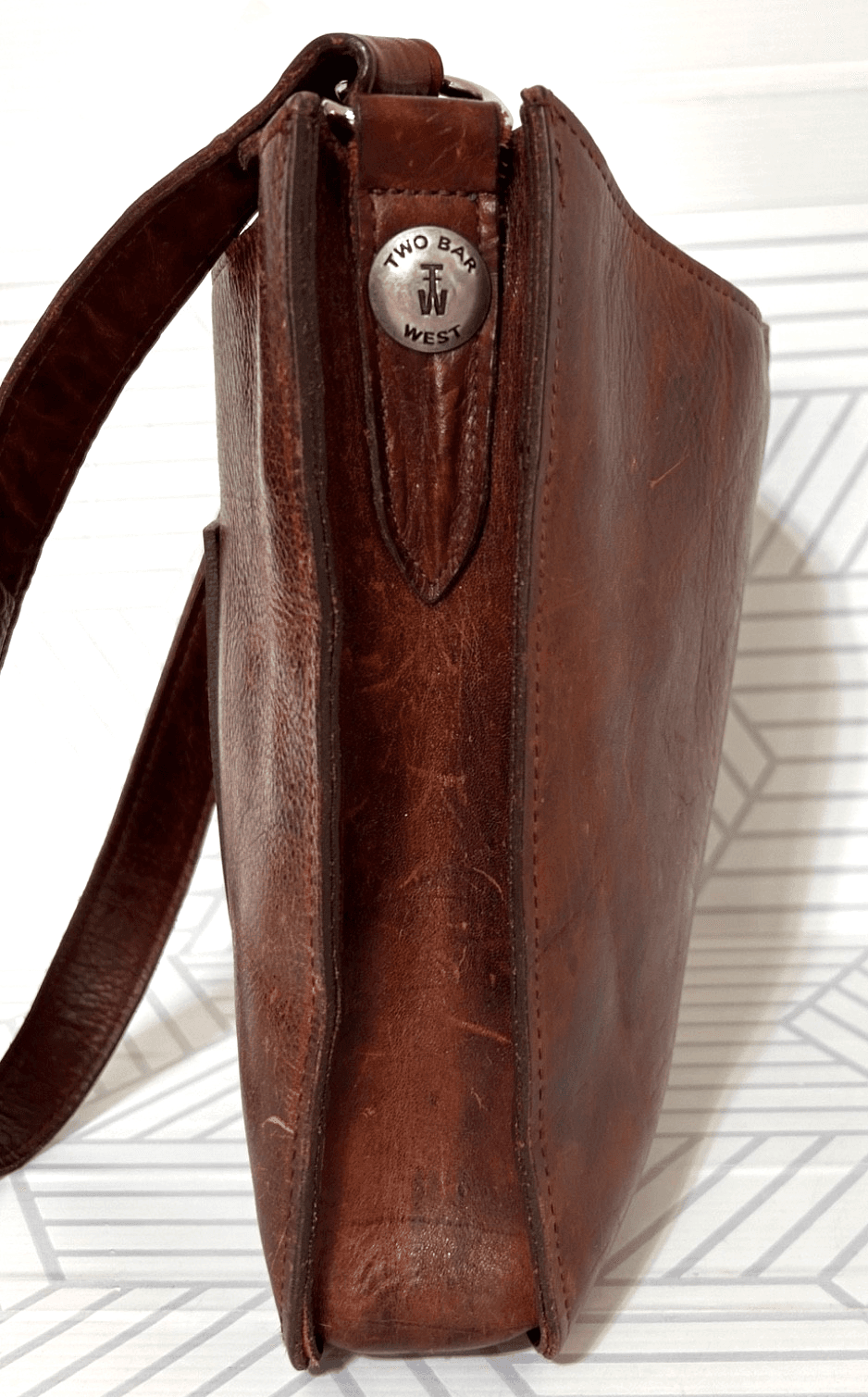 Two Bar West Leather Tooled Embossed Shoulder Bag Handmade Western Vintage - Thumbnail 3