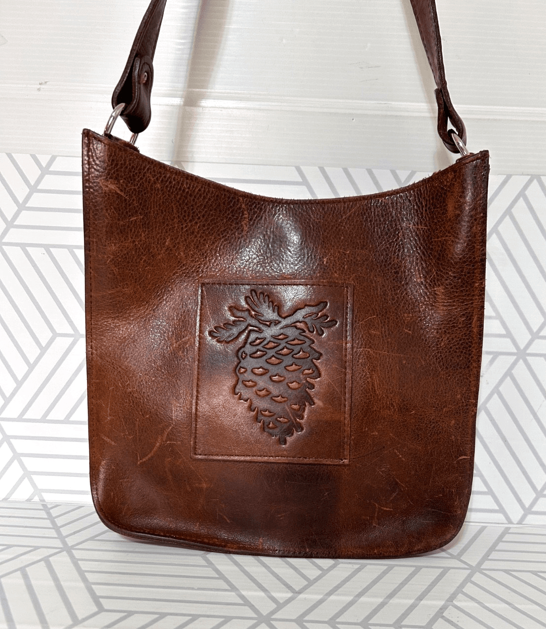 Two Bar West Leather Tooled Embossed Shoulder Bag Handmade Western Vintage - Thumbnail 2