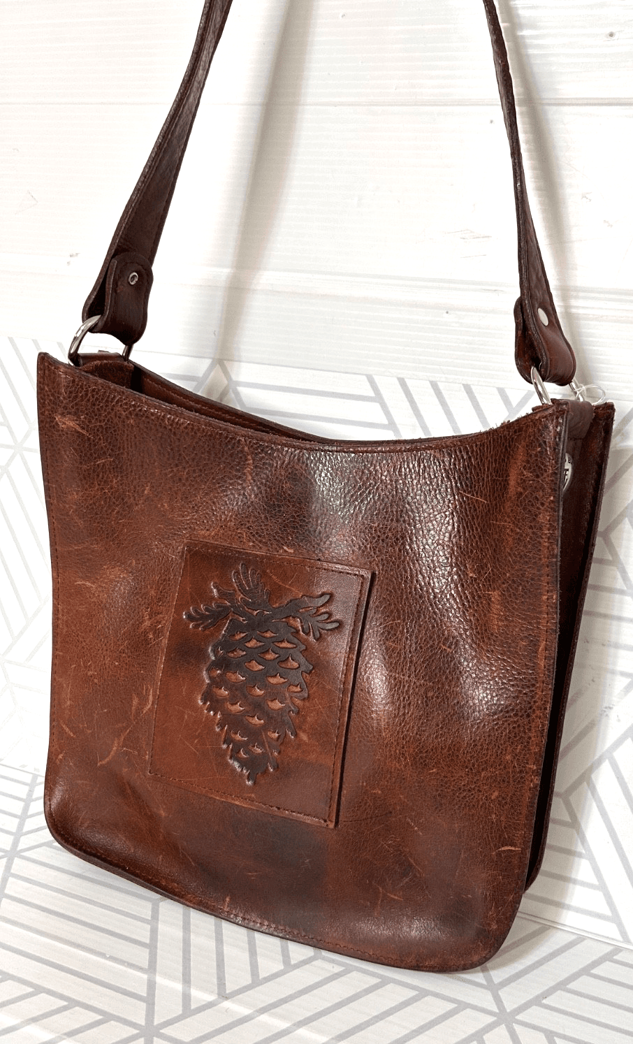 Two Bar West Leather Tooled Embossed Shoulder Bag Handmade Western Vintage - Thumbnail 6