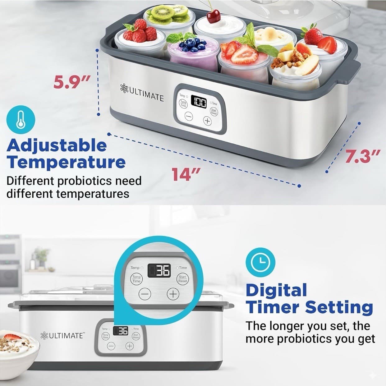 Ultimate Probiotic Yogurt Maker with Adjustable Temperature & Time 8 Jars - Thumbnail 2