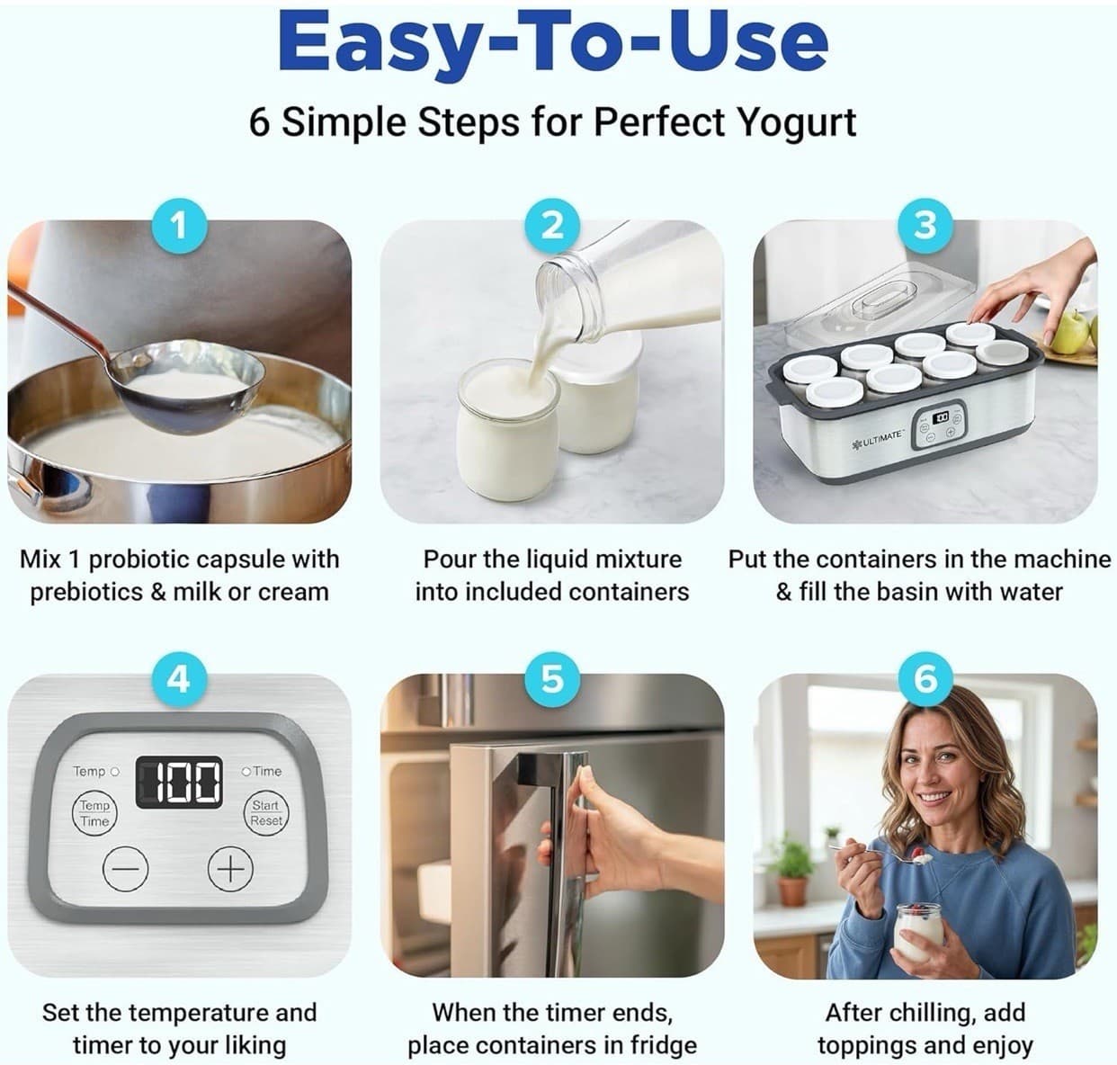 Ultimate Probiotic Yogurt Maker with Adjustable Temperature & Time 8 Jars - Thumbnail 4