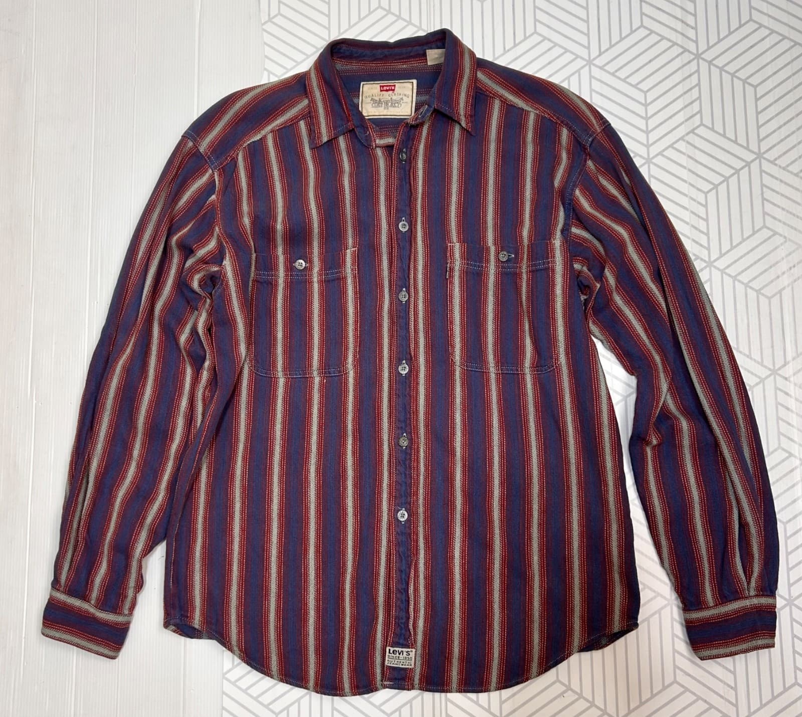 VTG Vintage Levi's Twill Chore Shirt Mens Medium Striped Button Down Western I - Thumbnail 11