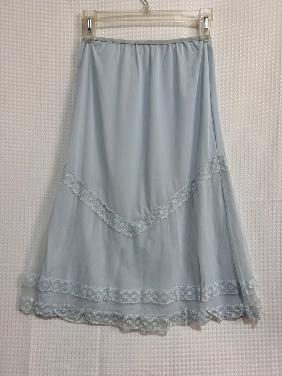 Vintage Baby Blue Pink Bow Slip Skirt Lace Deena XS S - Thumbnail 2