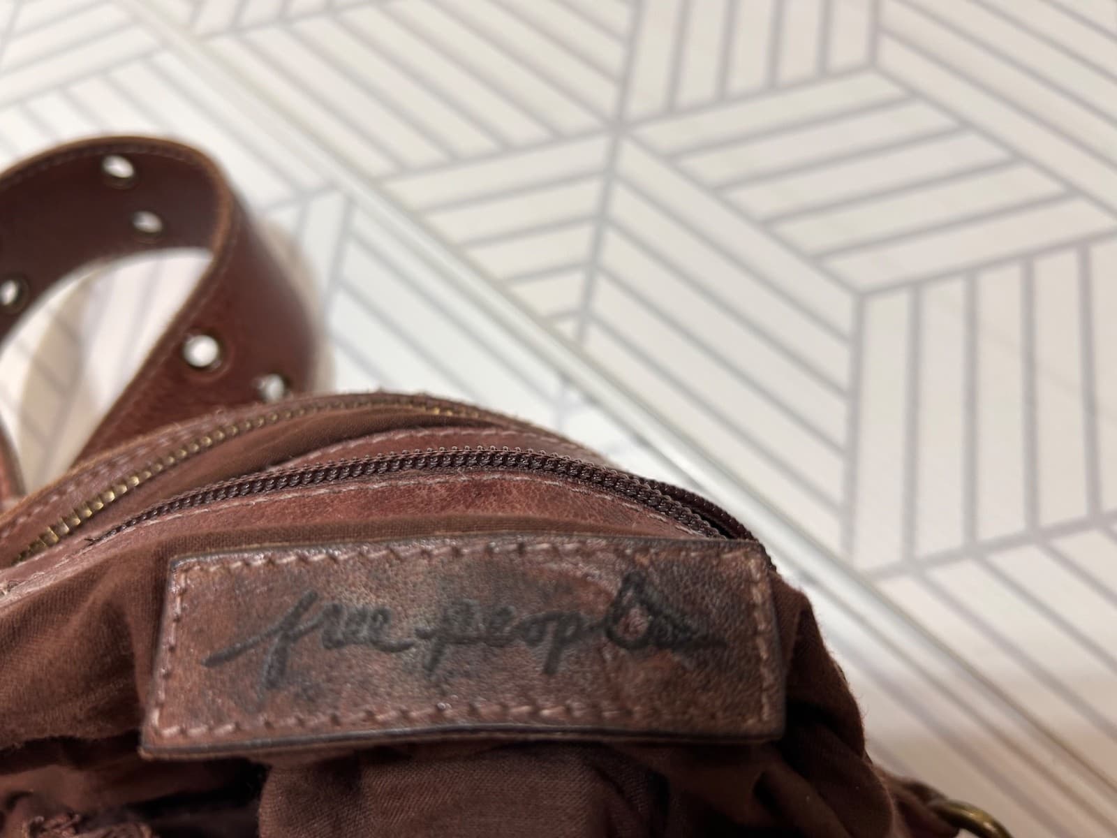 FREE PEOPLE WADE LEATHER SLING BAG Crossbody Brown Wide Studded Strap - Thumbnail 11