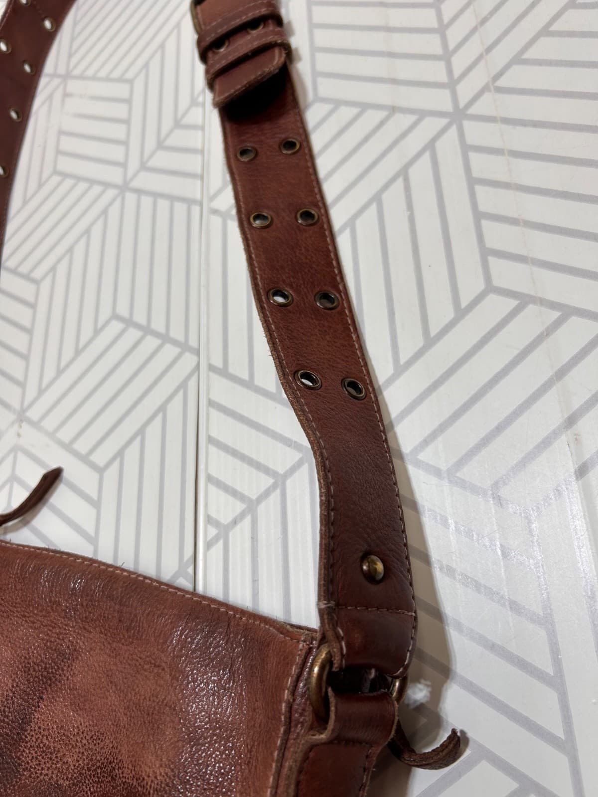 FREE PEOPLE WADE LEATHER SLING BAG Crossbody Brown Wide Studded Strap - Thumbnail 13