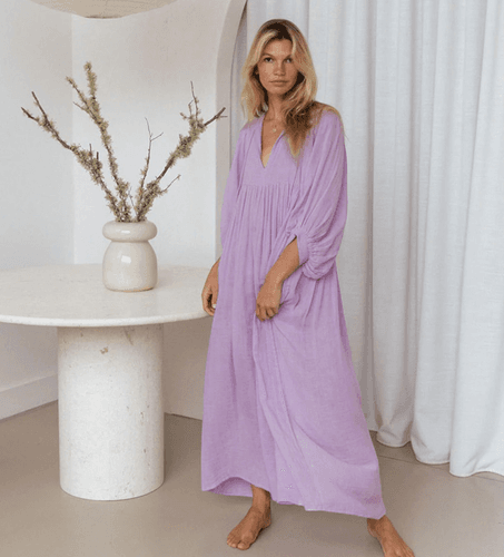 $199 Daughters of India Kyra Maxi / Midi Dress XXL Lilac Gauze Boho Hand Dyed c - Thumbnail 2