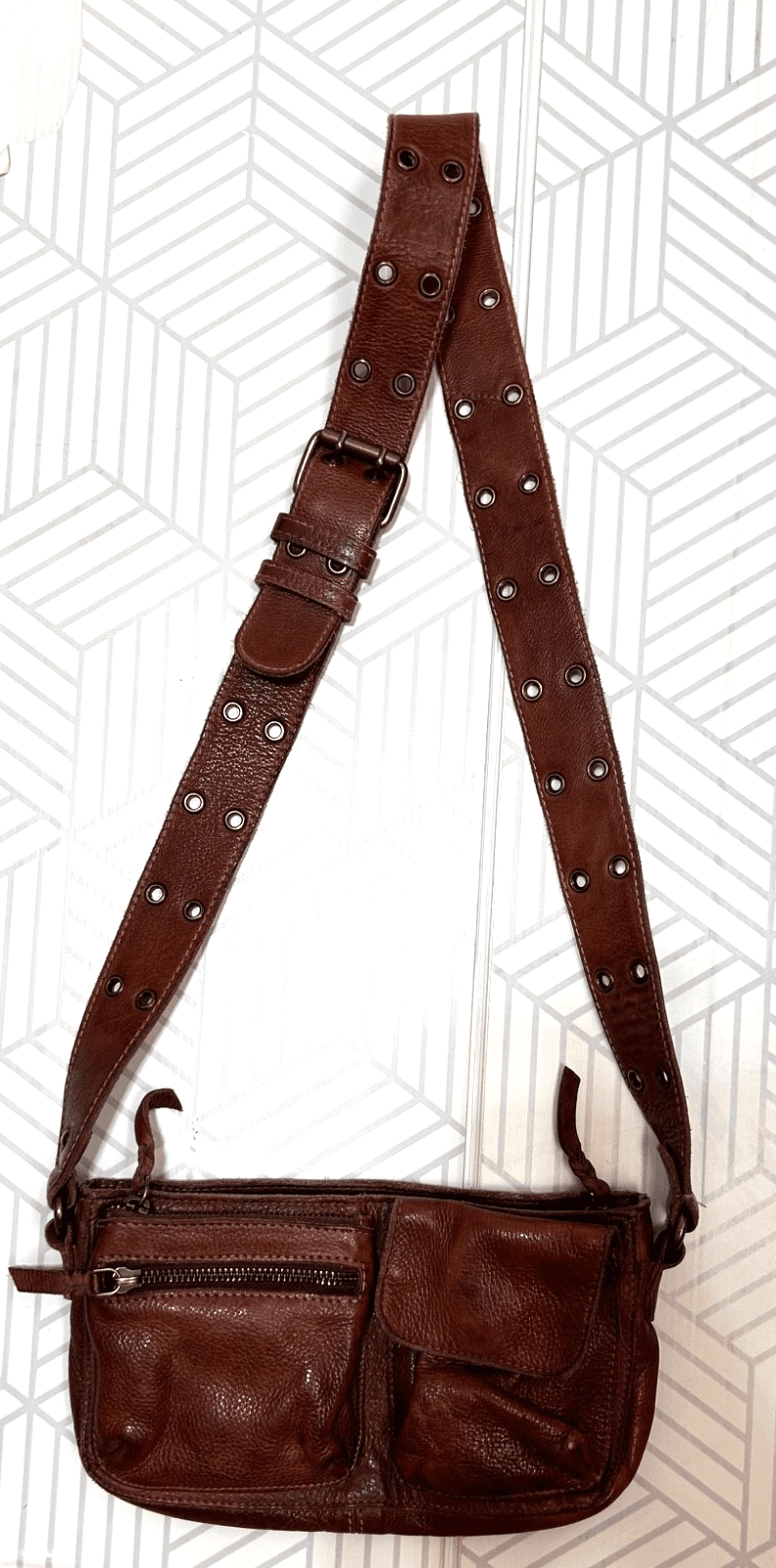 FREE PEOPLE WADE LEATHER SLING BAG Crossbody Brown Wide Studded Strap - Thumbnail 2