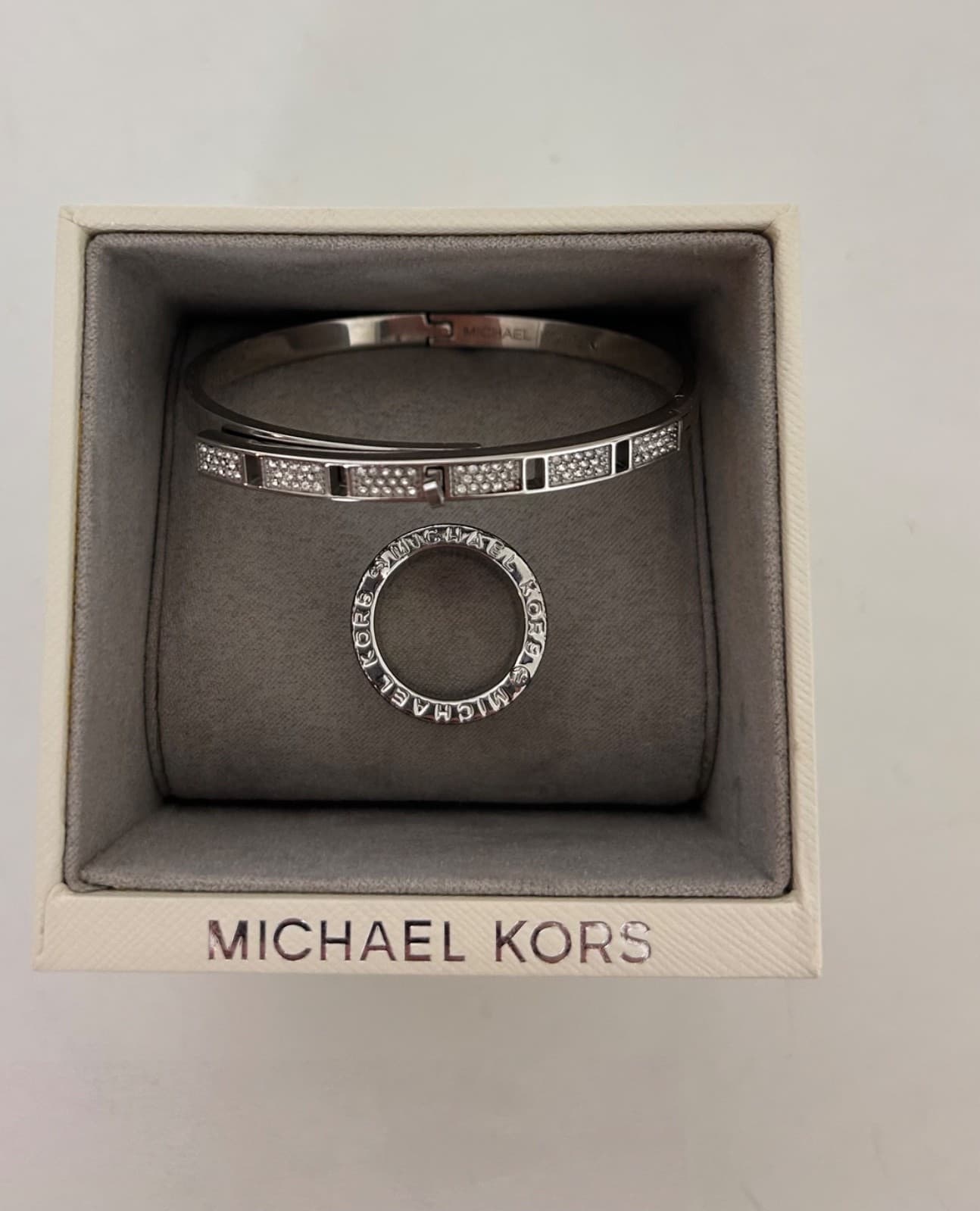 Michael Kors Silver Tone Crystal Hinged Bangle Bracelet Ring size 6 Bundle - Thumbnail 2