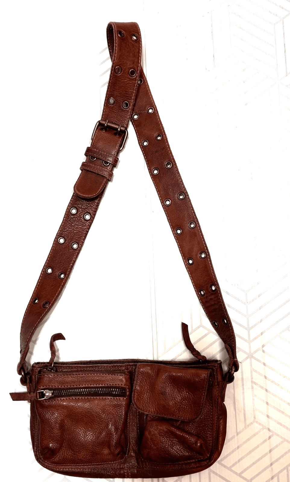 FREE PEOPLE WADE LEATHER SLING BAG Crossbody Brown Wide Studded Strap - Thumbnail 3