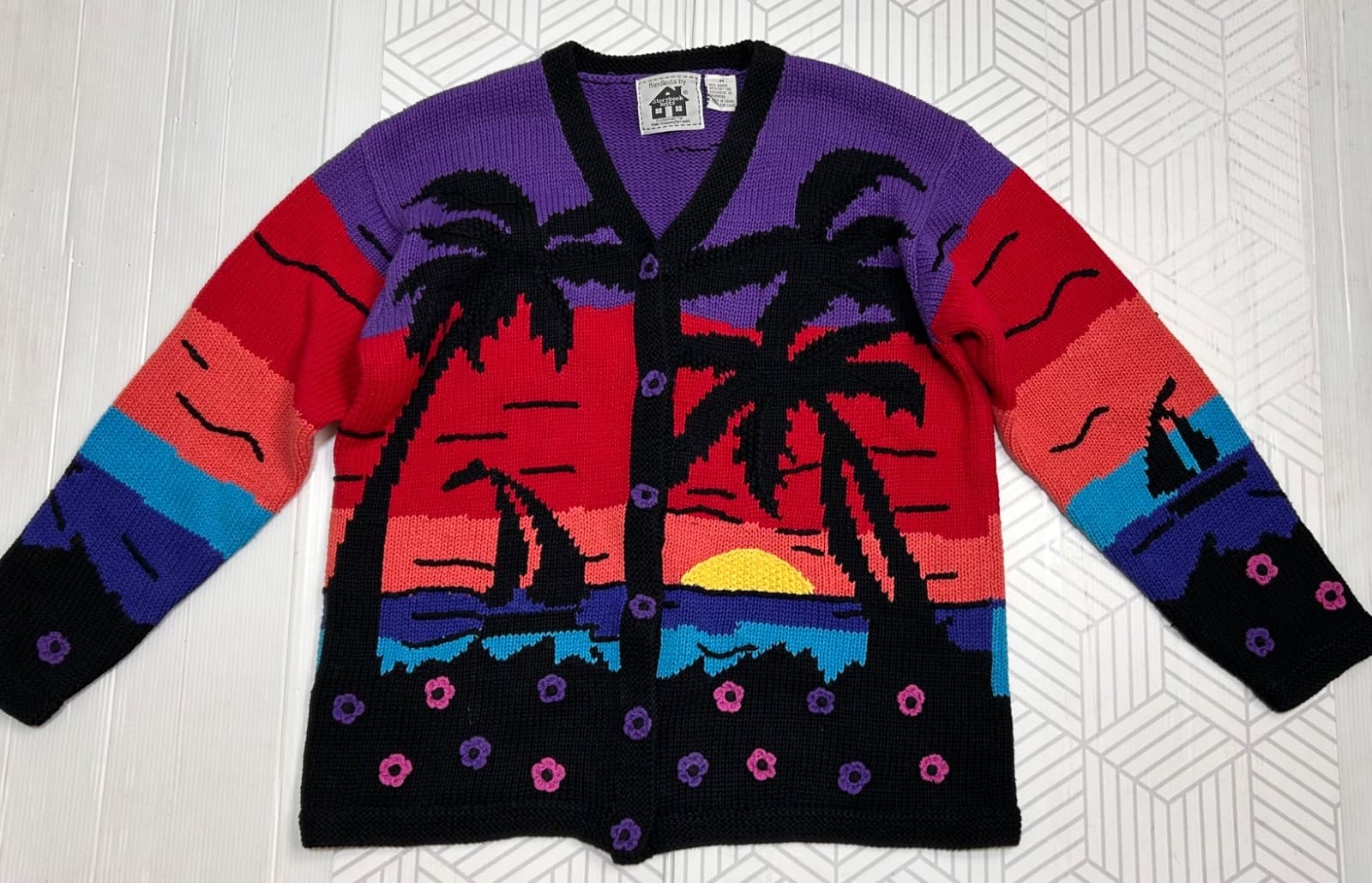 Storybook Knits Cardigan Sweater Sunset Nautical Beach Sailboat Size Medium g - Thumbnail 10