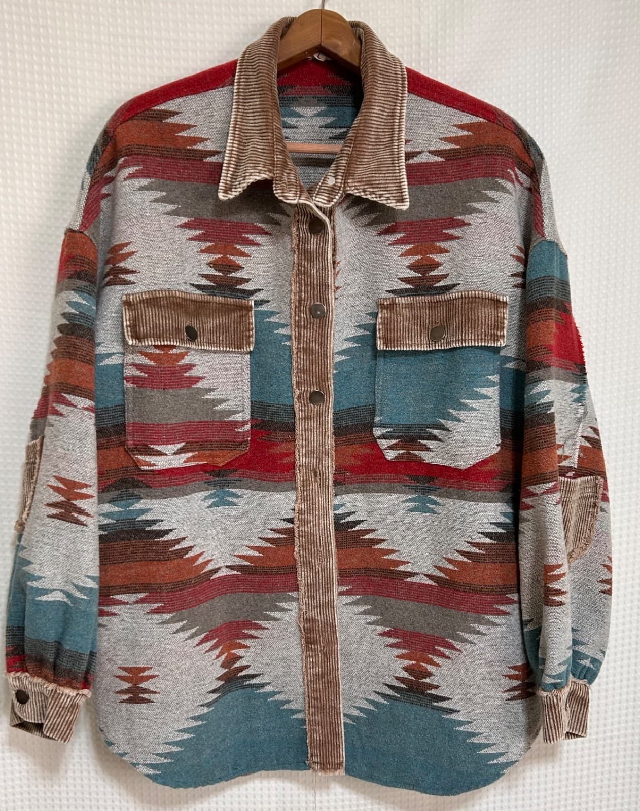 POL Aztec Native Print Jacket Raw Hem Fringe Coat Boho Oversized Size Large - Thumbnail 13