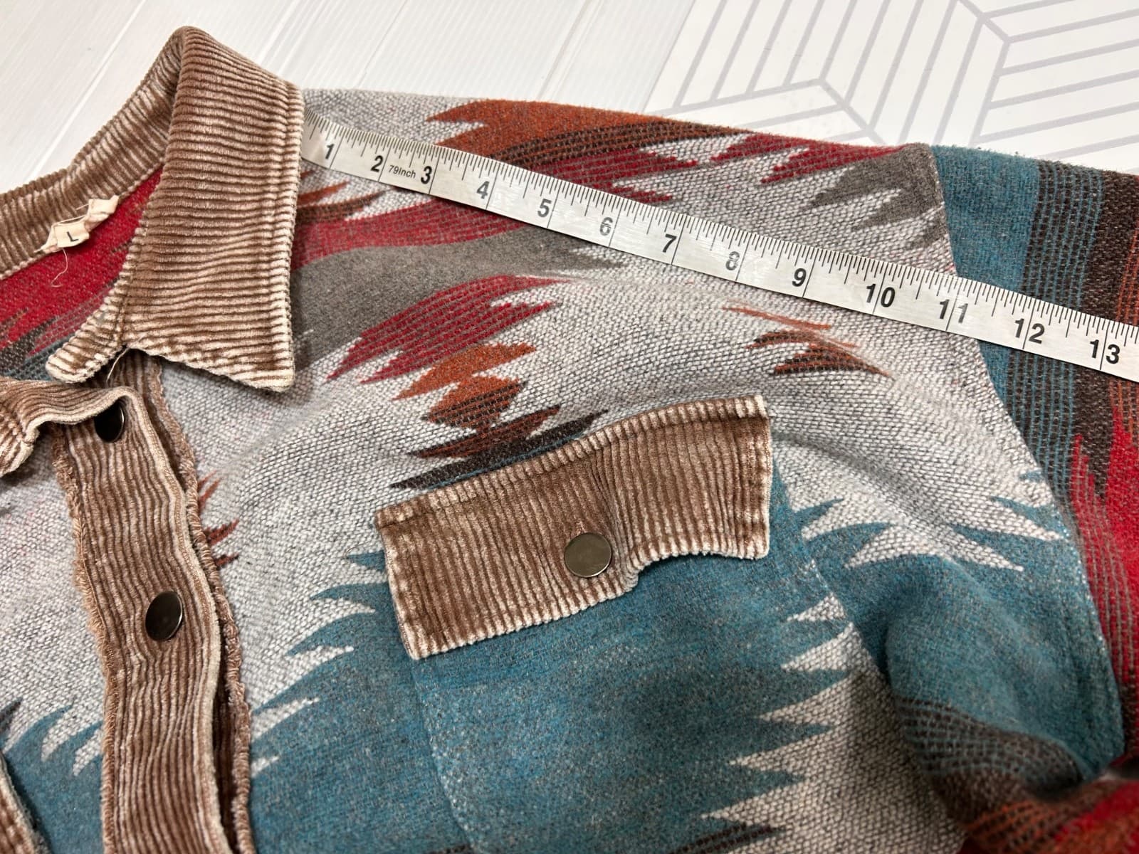 POL Aztec Native Print Jacket Raw Hem Fringe Coat Boho Oversized Size Large - Thumbnail 5