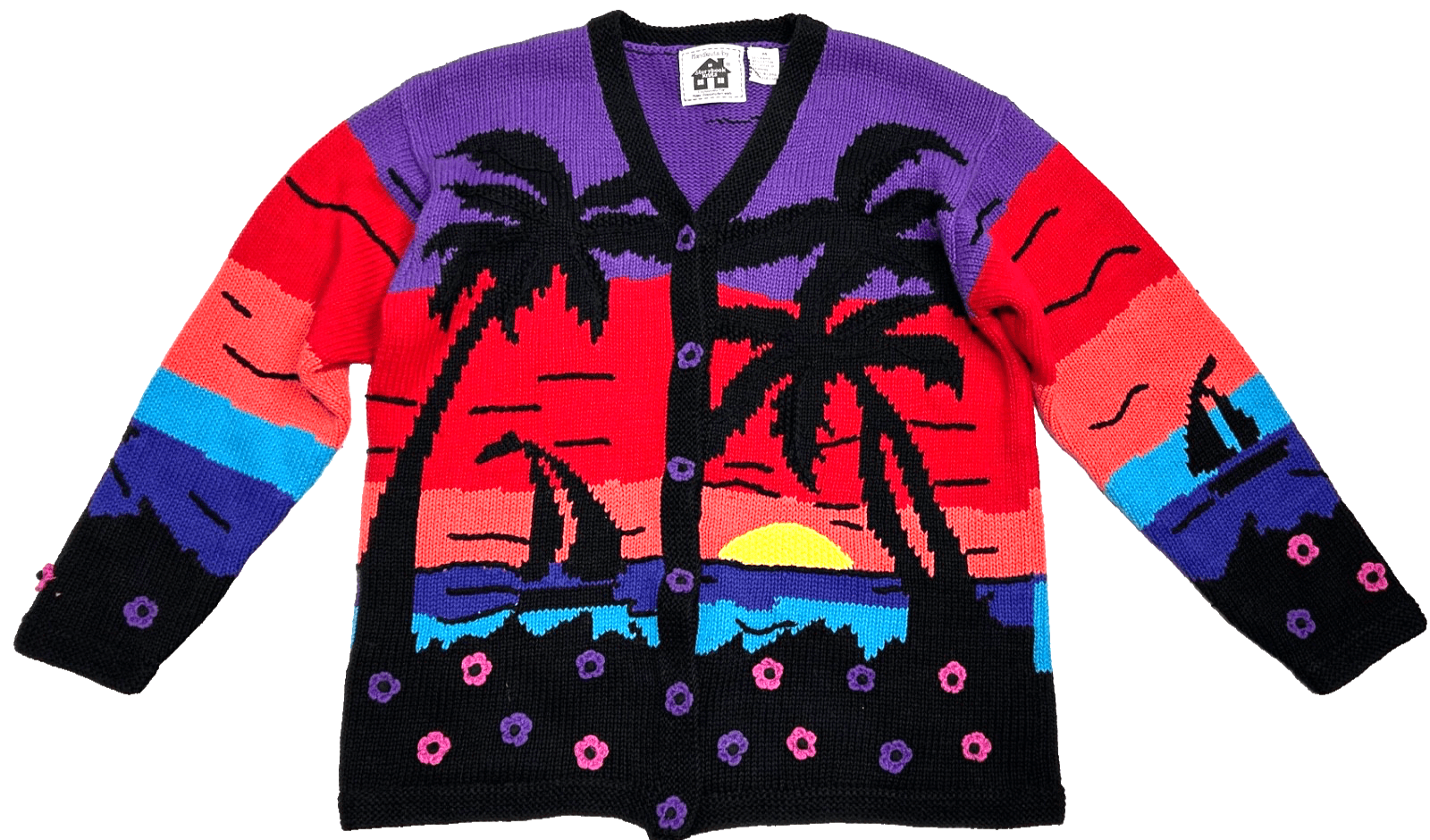 Storybook Knits Cardigan Sweater Sunset Nautical Beach Sailboat Size Medium g - Thumbnail 3