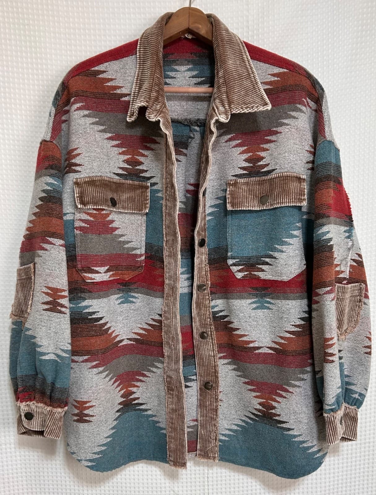 POL Aztec Native Print Jacket Raw Hem Fringe Coat Boho Oversized Size Large - Thumbnail 14