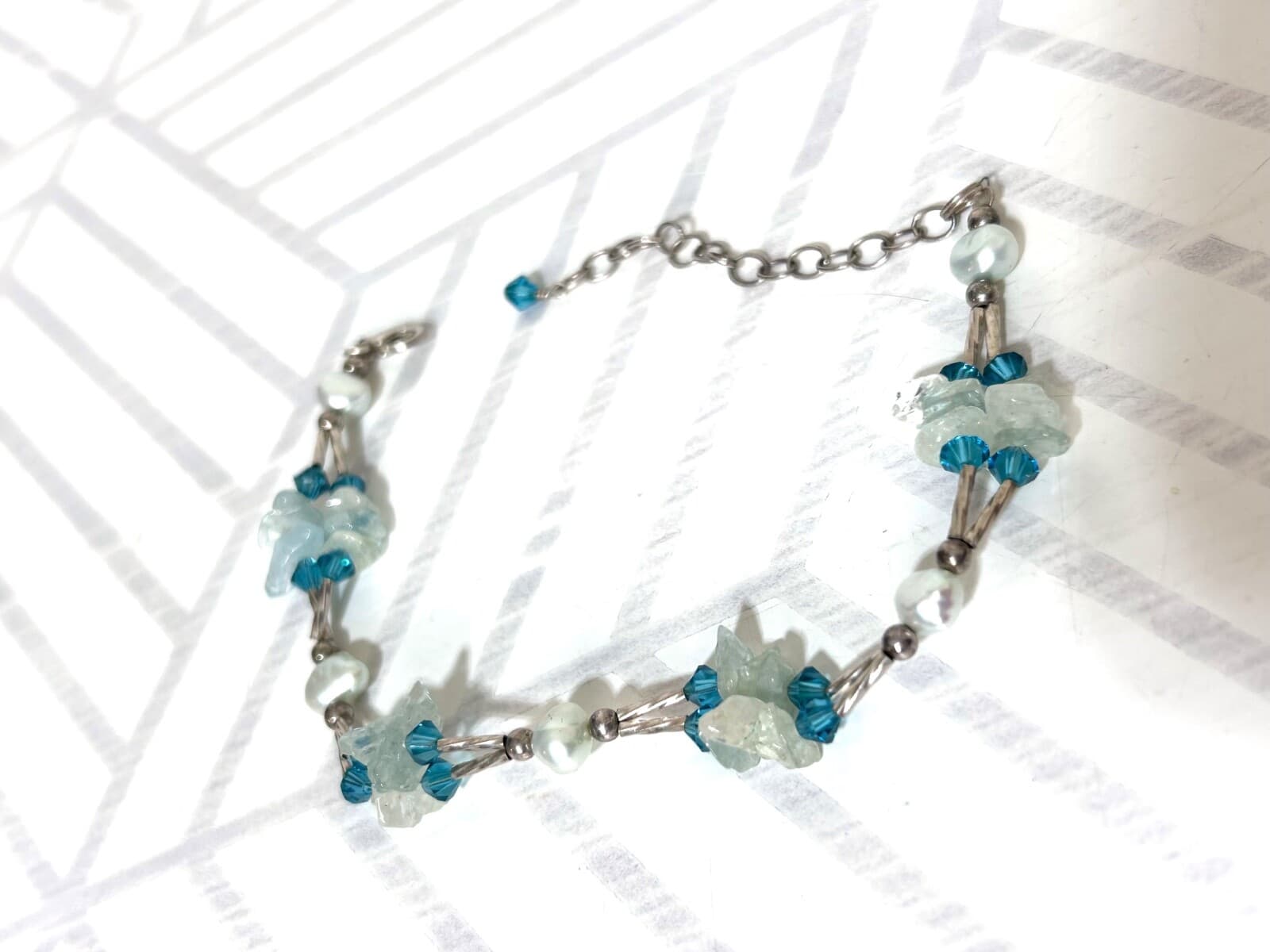 925 Sterling Silver Purple Blue Glass Bead Bracelet Freshwater Pearl - Thumbnail 3