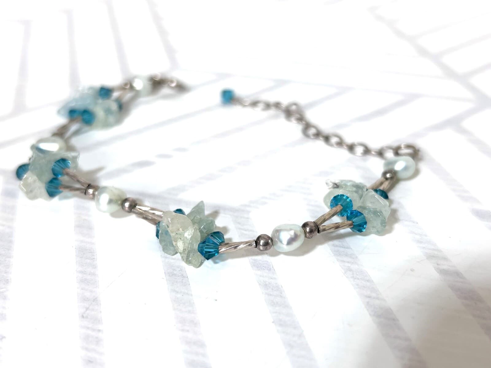 925 Sterling Silver Purple Blue Glass Bead Bracelet Freshwater Pearl - Thumbnail 8