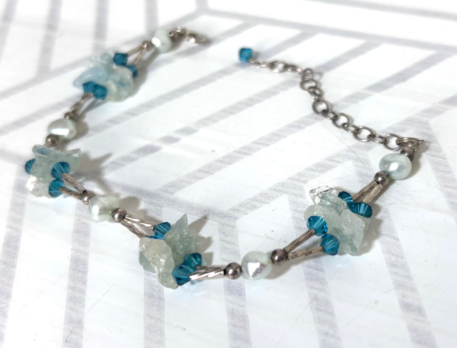 925 Sterling Silver Purple Blue Glass Bead Bracelet Freshwater Pearl - Thumbnail 2