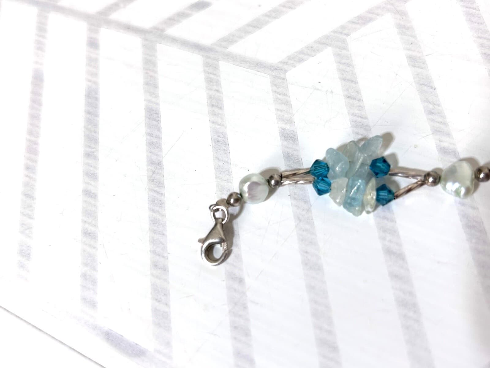 925 Sterling Silver Purple Blue Glass Bead Bracelet Freshwater Pearl - Thumbnail 6