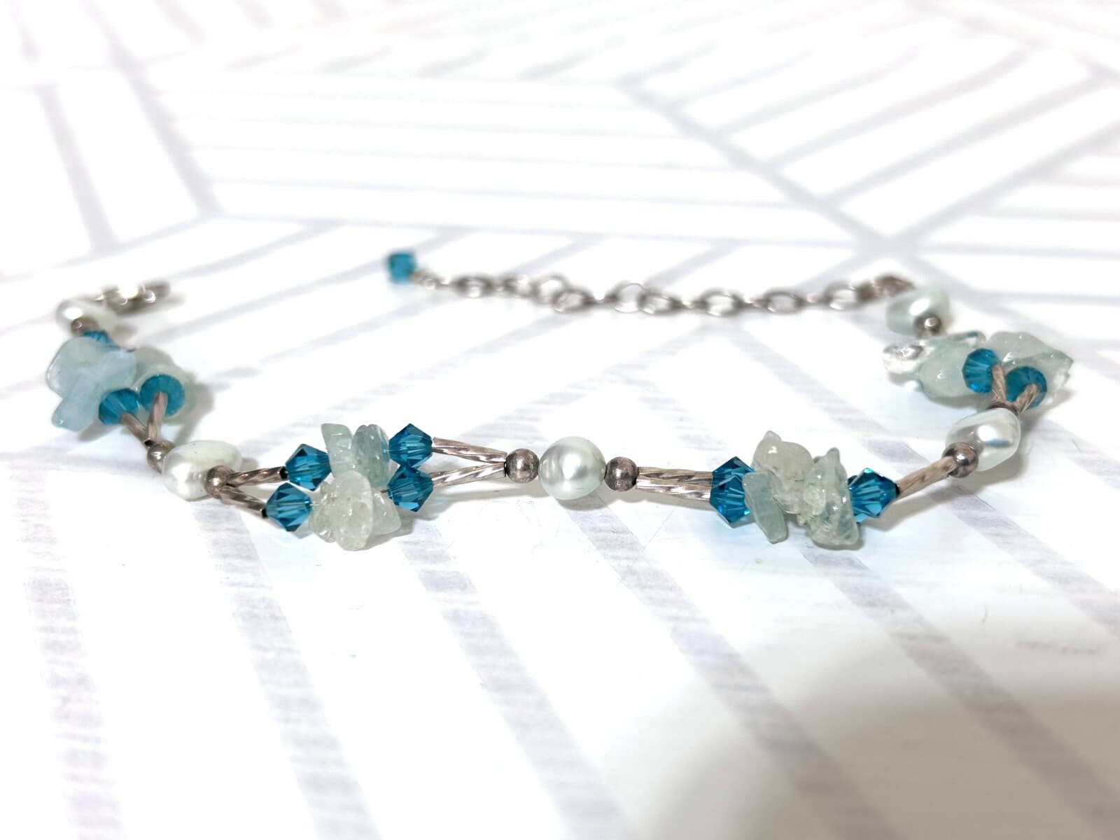 925 Sterling Silver Purple Blue Glass Bead Bracelet Freshwater Pearl - Thumbnail 7