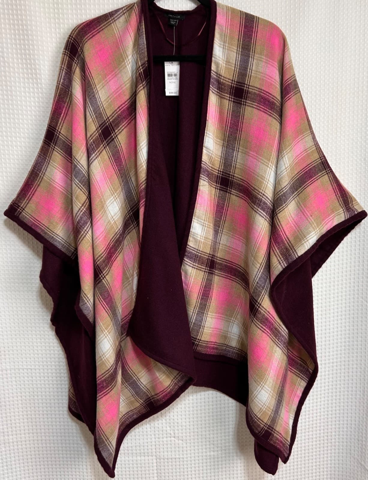 NWT Ann Taylor Plaid Tartan Poly Wool Blend Poncho Women's Sweater Wrap OS - Thumbnail 5