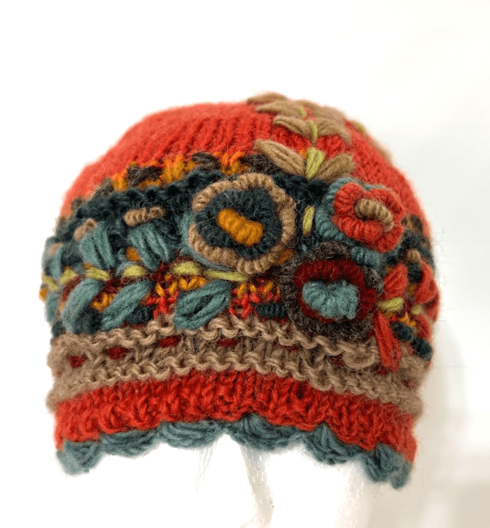 Wind Horse Handmade Wool Crochet Fleece Lined Floral Hat Cottagecore Nepal - Thumbnail 2