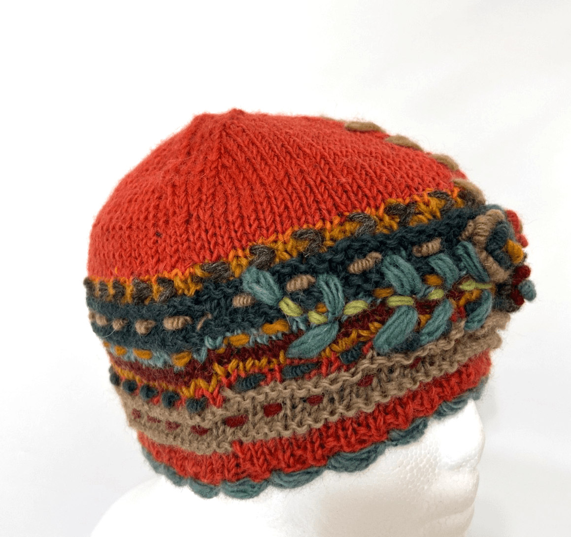 Wind Horse Handmade Wool Crochet Fleece Lined Floral Hat Cottagecore Nepal - Thumbnail 3