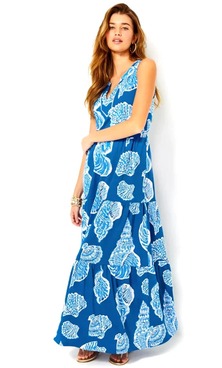 Lilly Pulitzer Size XL SYDNEE Maxi Long Cotton Dress Shell Of A Good Time Blue g