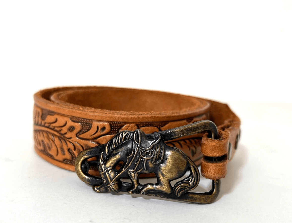 Justin Brass Horse Buckle Top Grain Cowhide Leather Belt Tooled Size 34 USA - Thumbnail 2