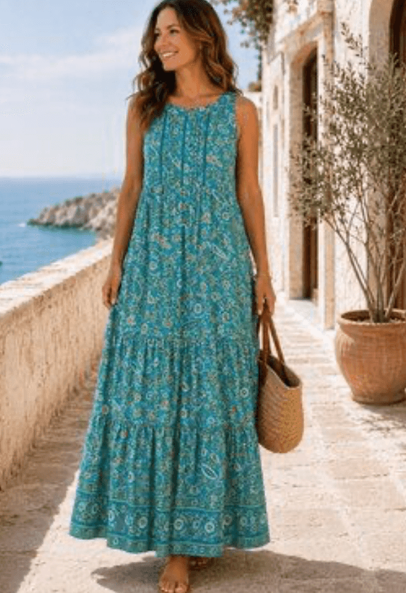 J. Jill Teal Paisley Tiered Maxi Dress Halter Size Medium Petite Summer Boho I
