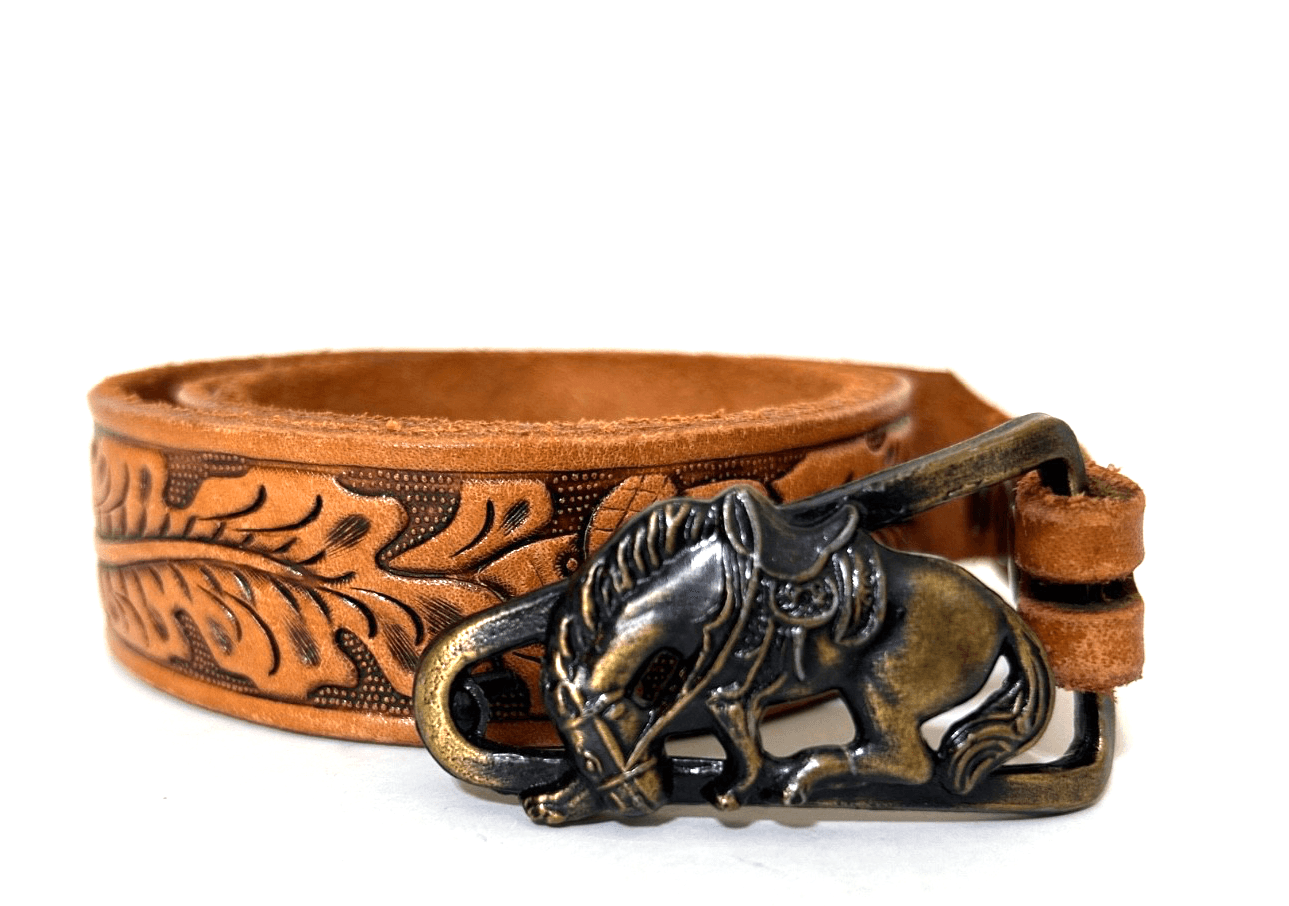 Justin Brass Horse Buckle Top Grain Cowhide Leather Belt Tooled Size 34 USA