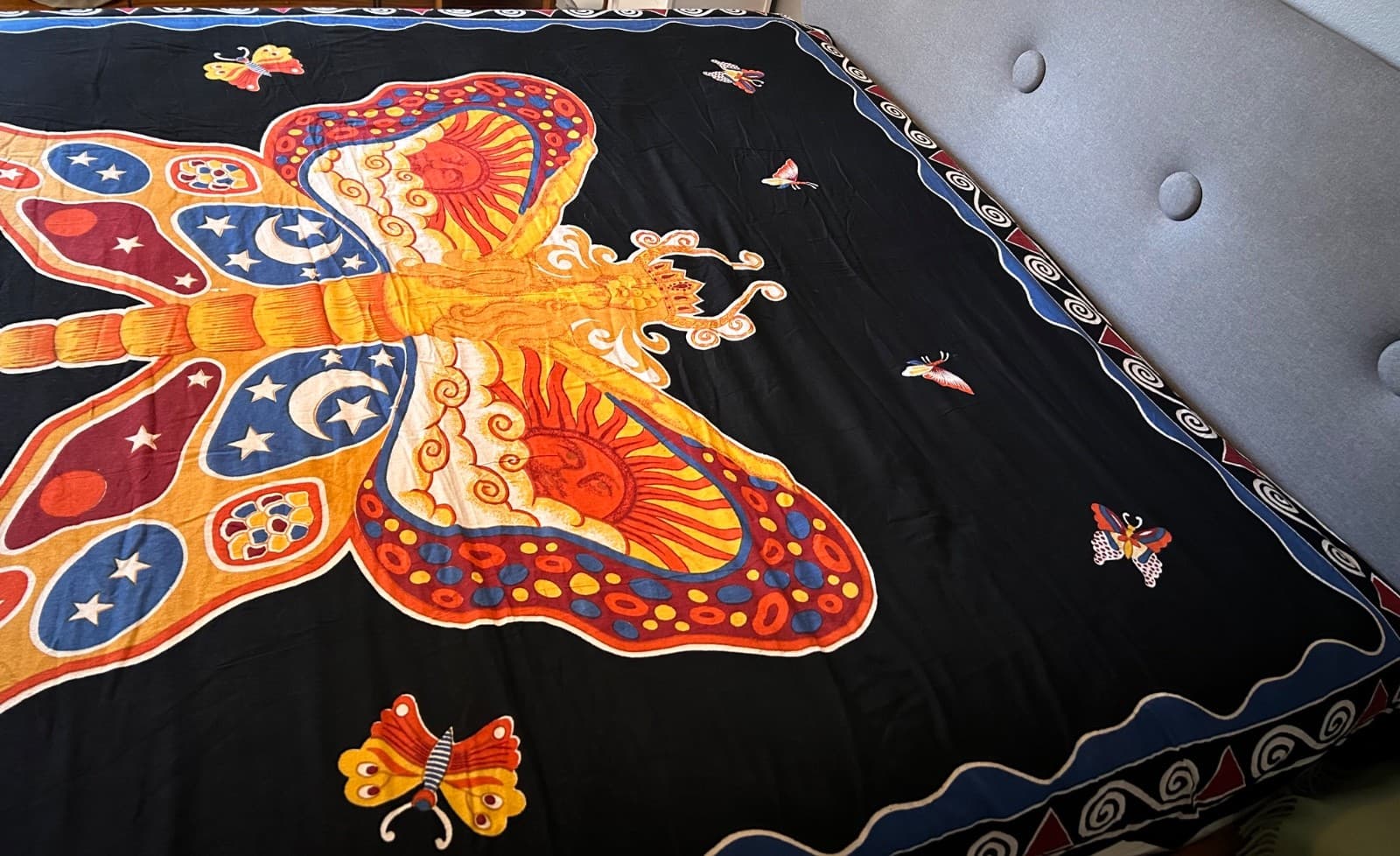 Hand loomed Fairy Butterfly Sun & Moon Tapestry Bed Wall India 85” X 102” - Thumbnail 10