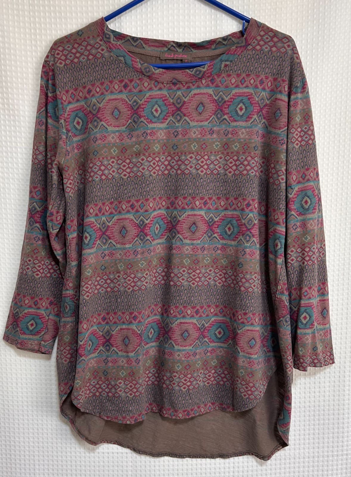 Fresh Produce Women’s size XL Geometric 3/4 Sleeves Multicolor Cotton Tee USA g