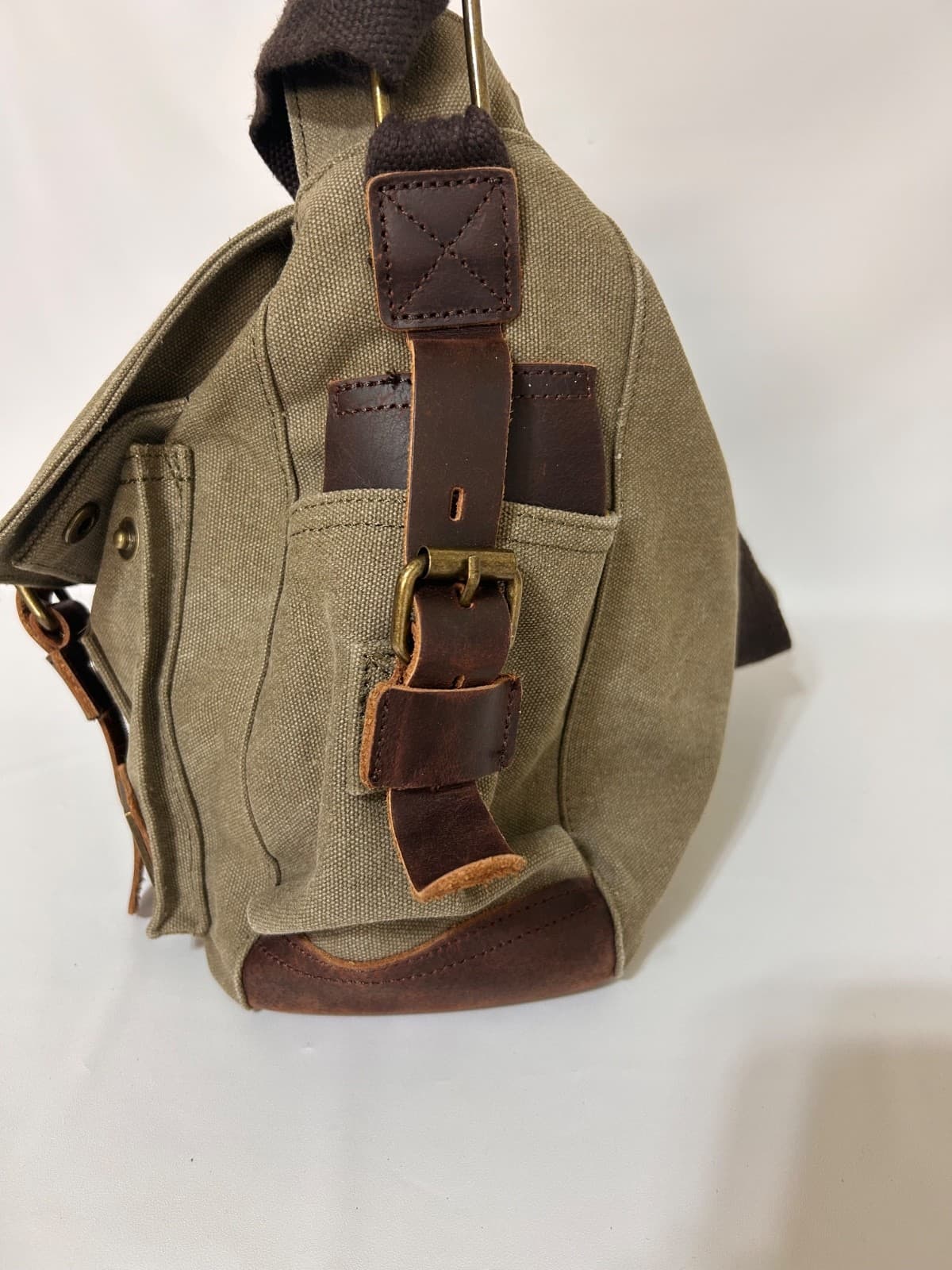 Military Leather Canvas Laptop Bag Messenger Medium Olive Travel Crossbody - Thumbnail 2