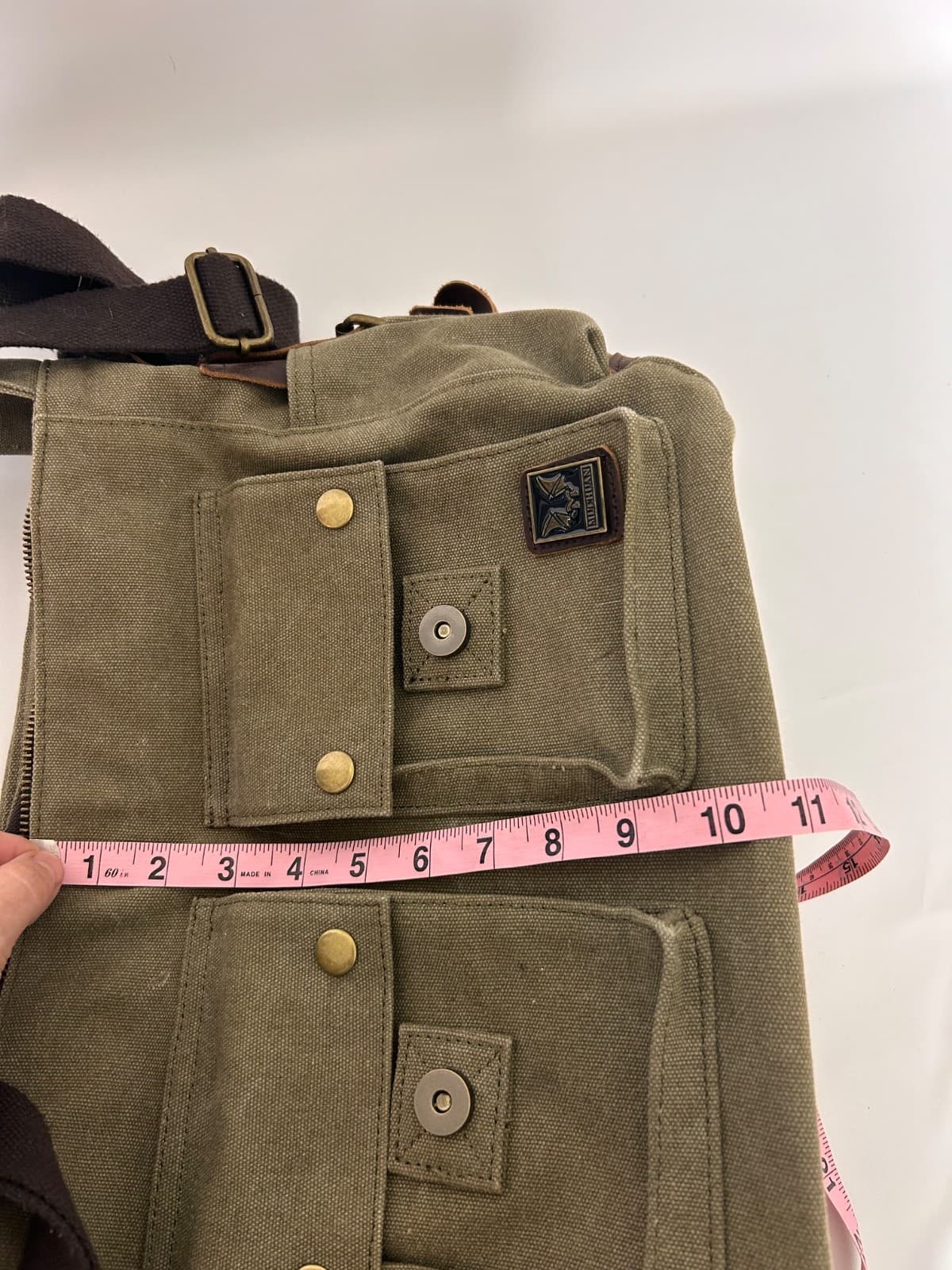 Military Leather Canvas Laptop Bag Messenger Medium Olive Travel Crossbody - Thumbnail 7