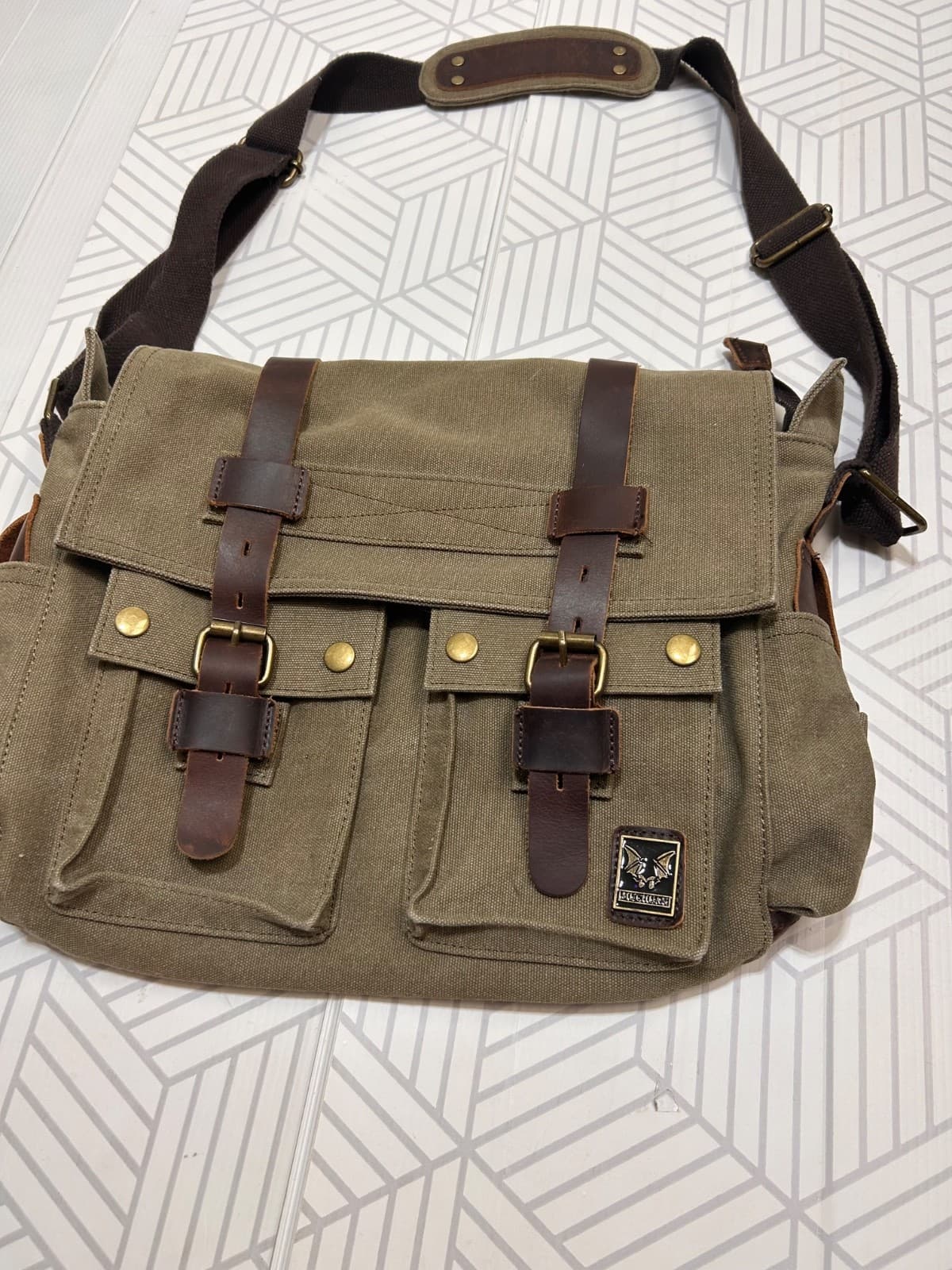 Military Leather Canvas Laptop Bag Messenger Medium Olive Travel Crossbody - Thumbnail 10