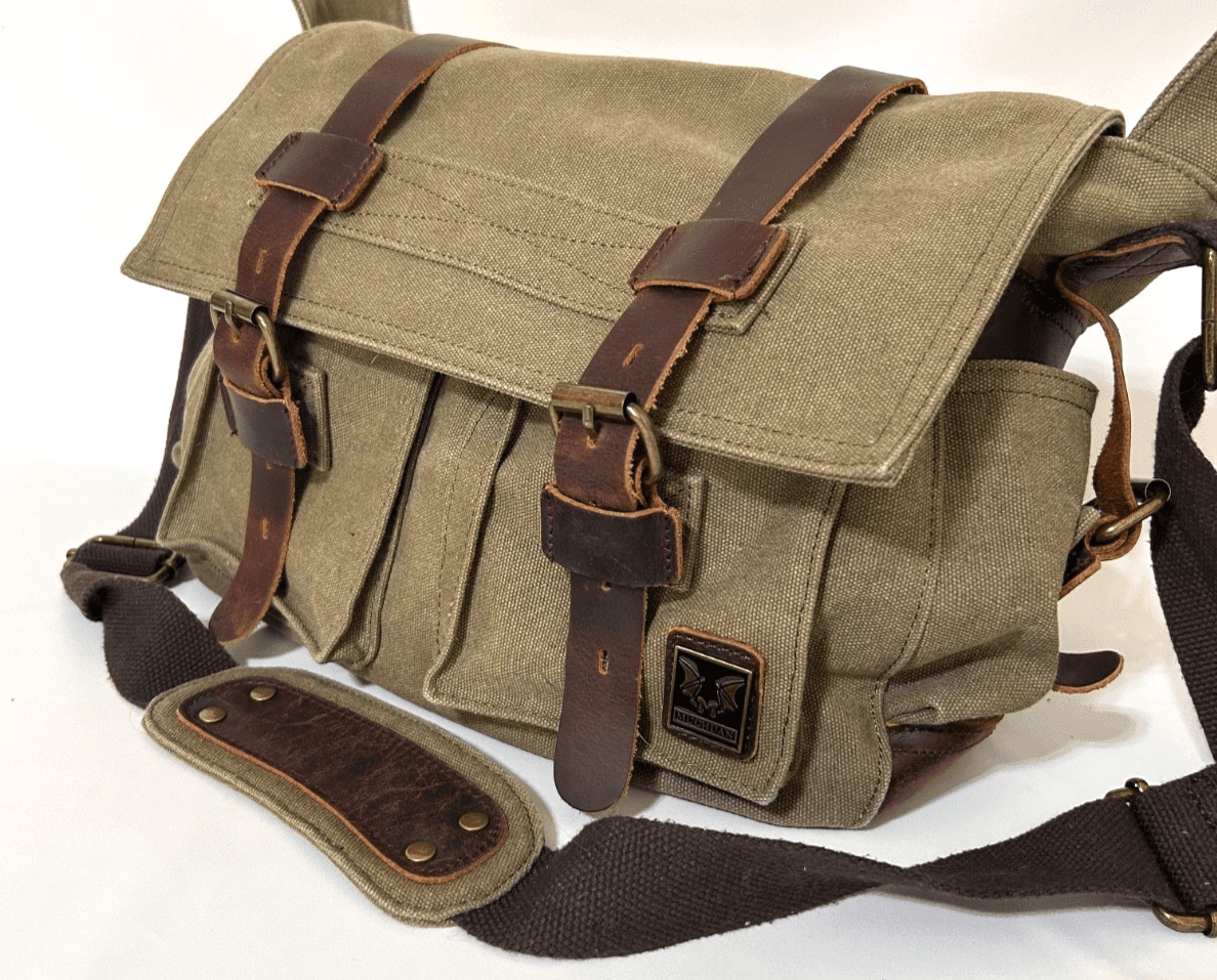 Military Leather Canvas Laptop Bag Messenger Medium Olive Travel Crossbody