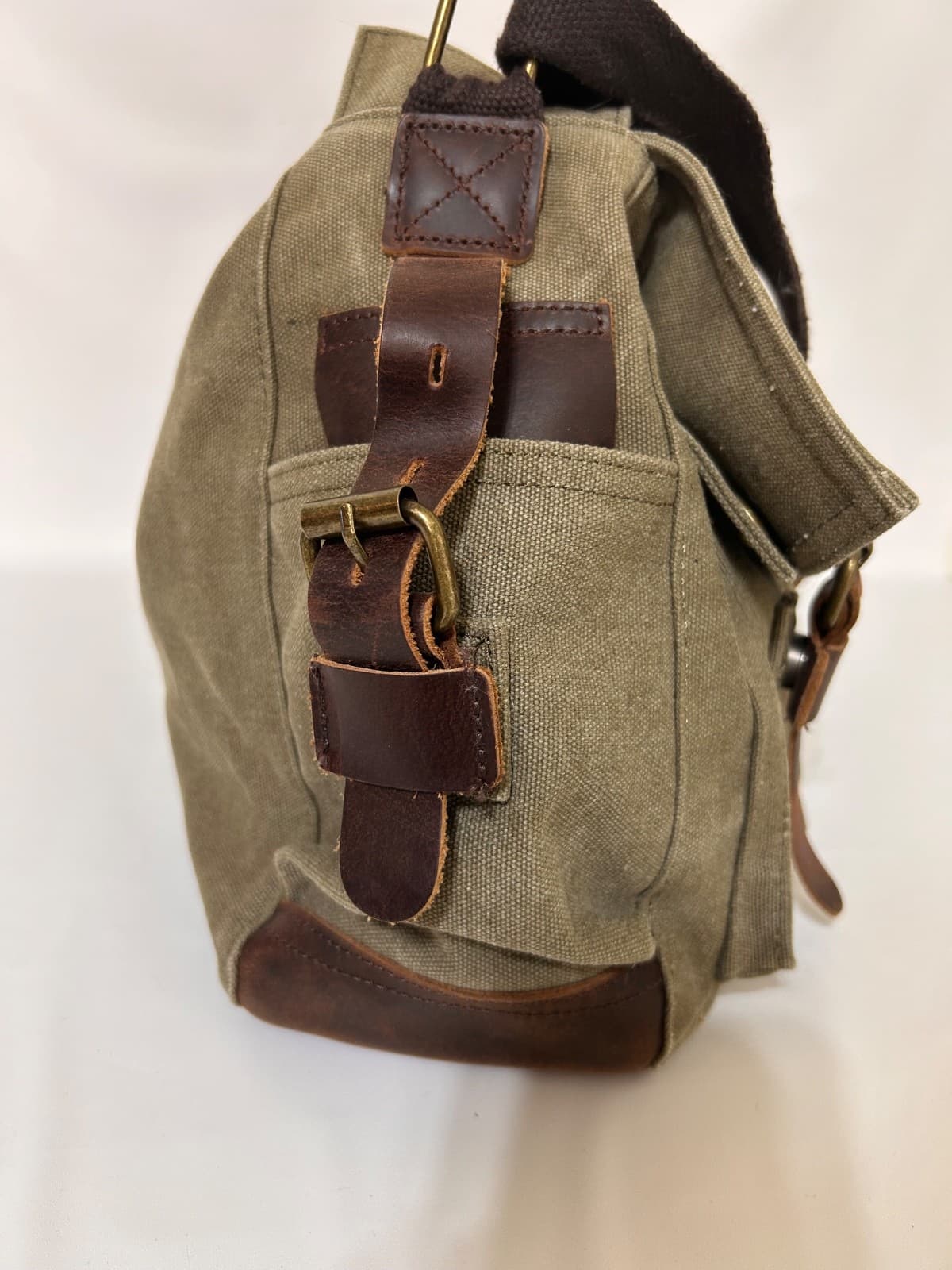 Military Leather Canvas Laptop Bag Messenger Medium Olive Travel Crossbody - Thumbnail 3