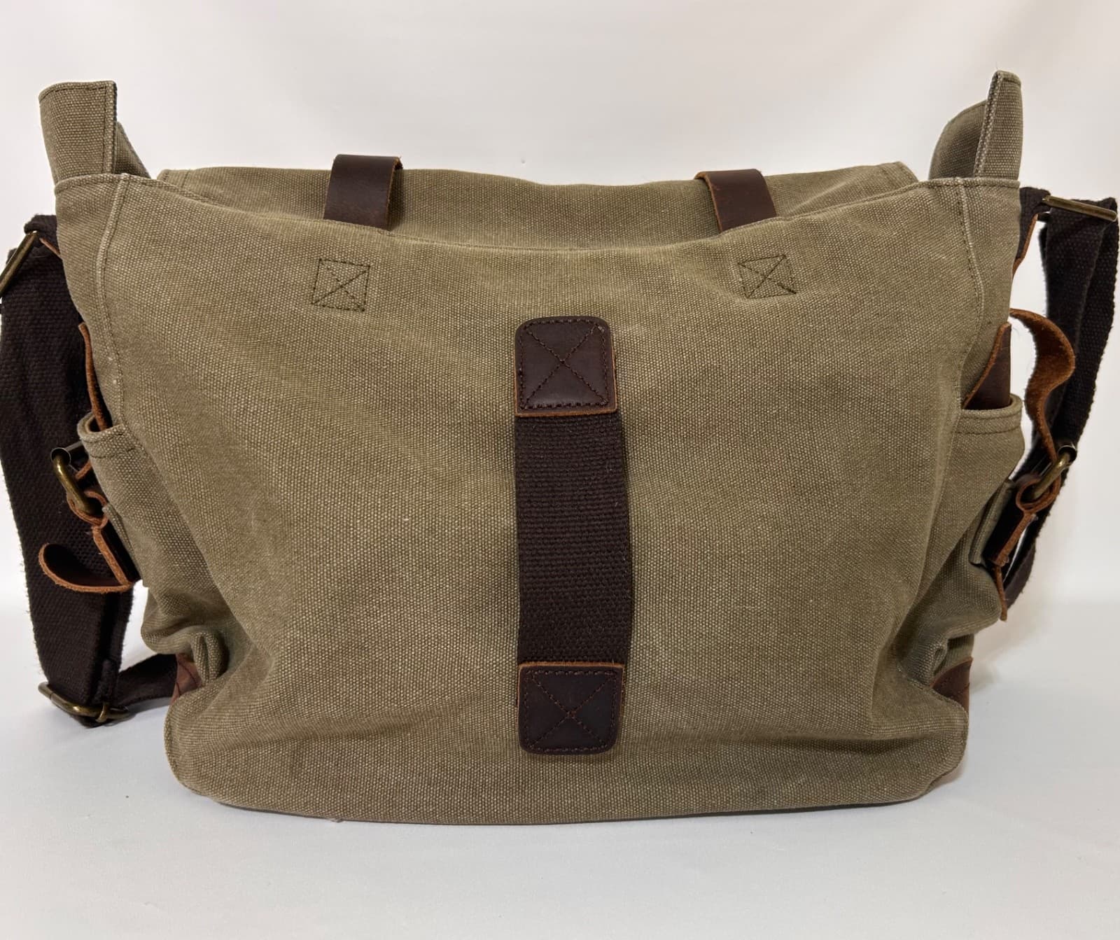 Military Leather Canvas Laptop Bag Messenger Medium Olive Travel Crossbody - Thumbnail 4