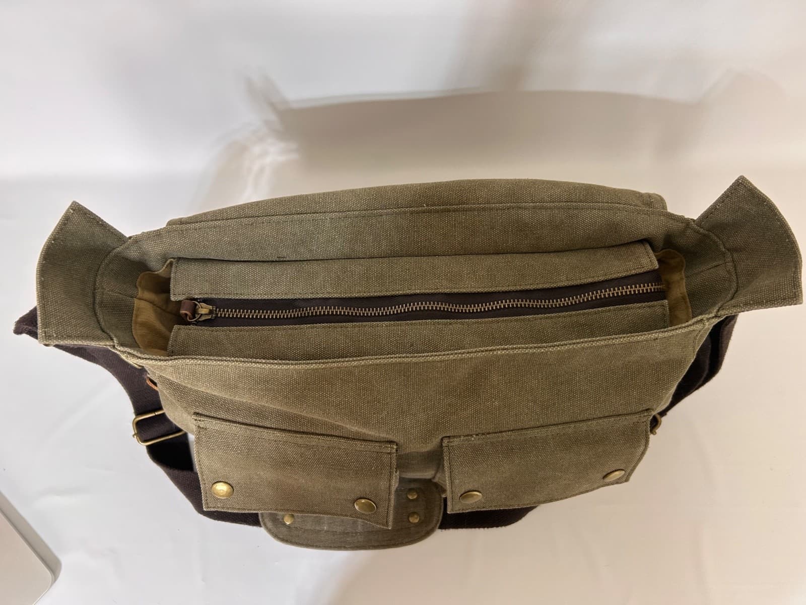 Military Leather Canvas Laptop Bag Messenger Medium Olive Travel Crossbody - Thumbnail 5