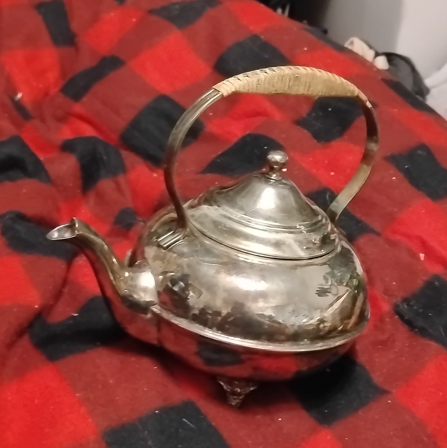 Vintage Silver Teapot with Wicker Handle