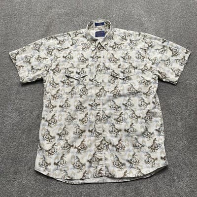 Pendleton Shirt Mens Large Beige Cowboy Rodeo Western Short Sleeve Pearl Snap