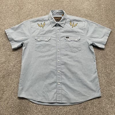Howler Brothers Shirt Mens Small Blue Guacho Western Pearl Snap Lightning Bolt
